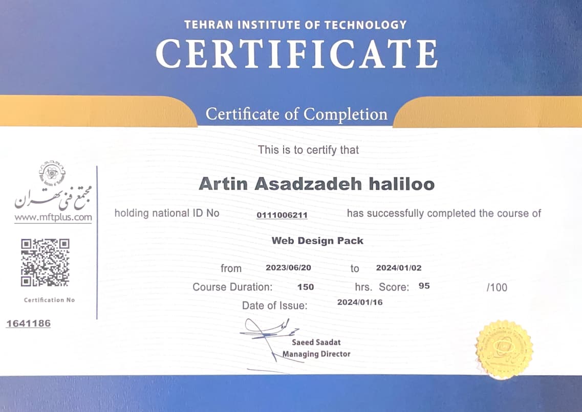Artin Asadzade Certification Image